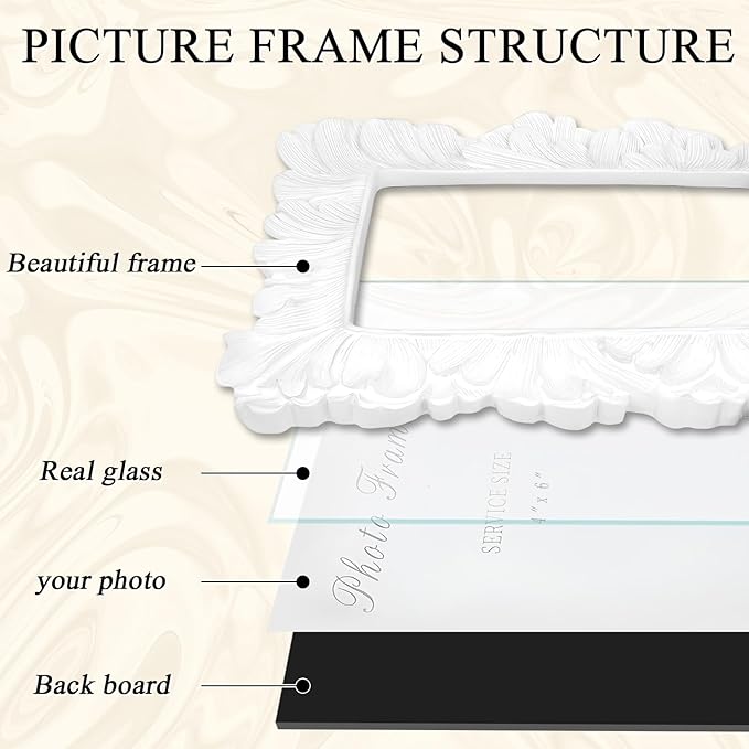 4x6 Vintage Picture Frame White, Ornate Leaves Photo Frame with Glass Front, Elegant Picture Frame for Wall or Tabletop Display, Gift ldeas for Home Decor
