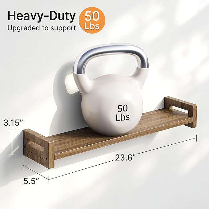 Upgraded Floating Shelves for Wall, Set of 3 Solid Wood Wall Mounted Shelves, 23.6" Rustic Walnut Display Shelf for Bedroom, Living Room, Bathroom, and Kitchen Decor - Heavy-Duty & Natural Pine