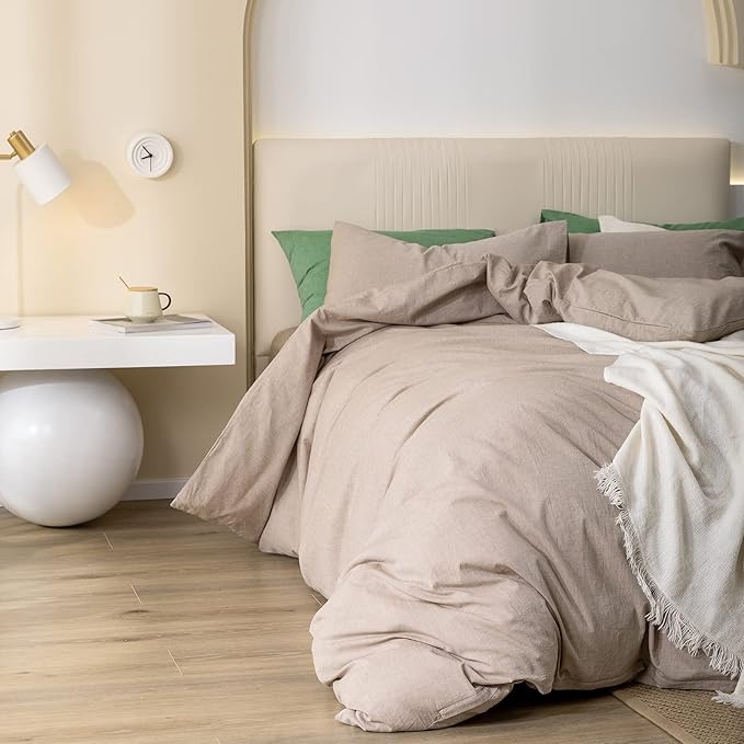 JIYUAN 100% Washed Cotton Duvet Cover Set Comfy Simple Style Soft Breathable Textured Durable Linen Feel Bedding for All Seasons Queen, Taupey