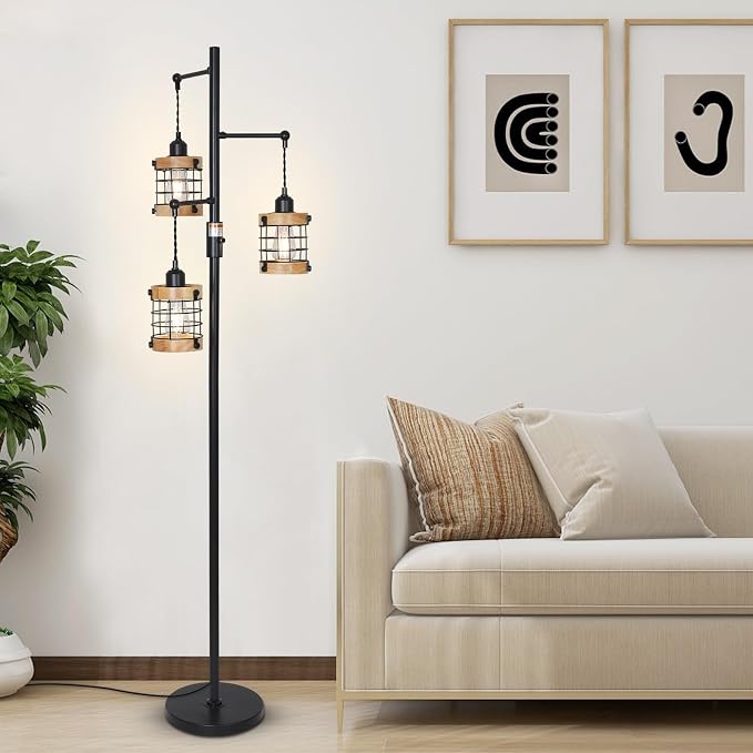 Vintage Wood Floor Lamp for Bedroom, Dimmable Floor Lamps for Living Room, Industrial Standing Lamp Farmhouse Tall Lamp for Office Home, Rustic Corner Floor Lamp Metal Black Pole Lamp