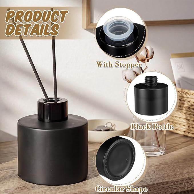 Chunful 2 Sets Black Reed Diffuser Bottle Empty Refillable Fragrance Glass Diffuser Bottles 100ml Round Glass Jars with Black Caps & Rattan Sticks for Living Room Home Replacement Fragrance DIY