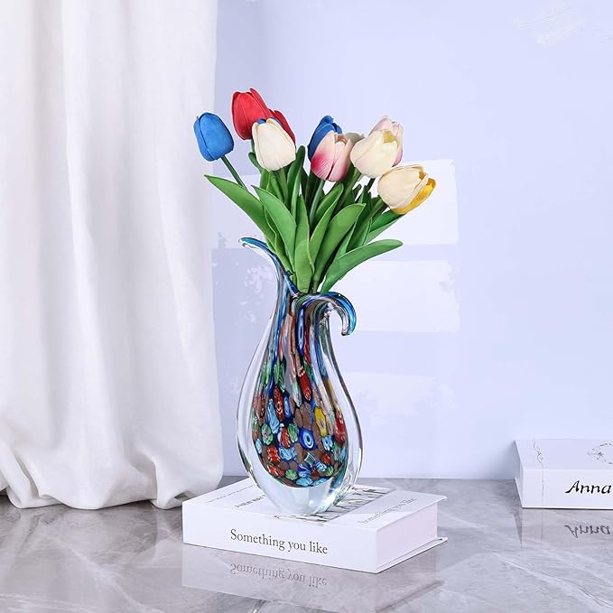 Hand Blown Glass Vase – Oval Decorative Art Glass for Centerpieces, Murano Inspired Decor for Dining Room, Entryway Table, or Shelf, Handmade Glass Vase for Home Display (Blue)