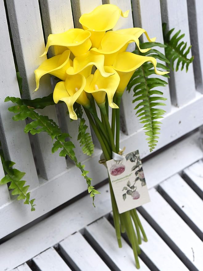FiveSeasonStuff Real Touch Calla Lily Artificial Flowers Wedding Bridal Bouquet | Floral Arrangements | 15 Calla Lilies (Lemon Yellow)