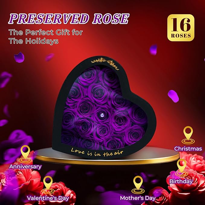 16 Pieces Forever Flower Heart Shape in a Box Preserved Blue Roses for Delivery Grade A Quality 100% Real Immortal Flowers Eternal Birthday for Her Mom Women Wife Girlfriends (Purple)