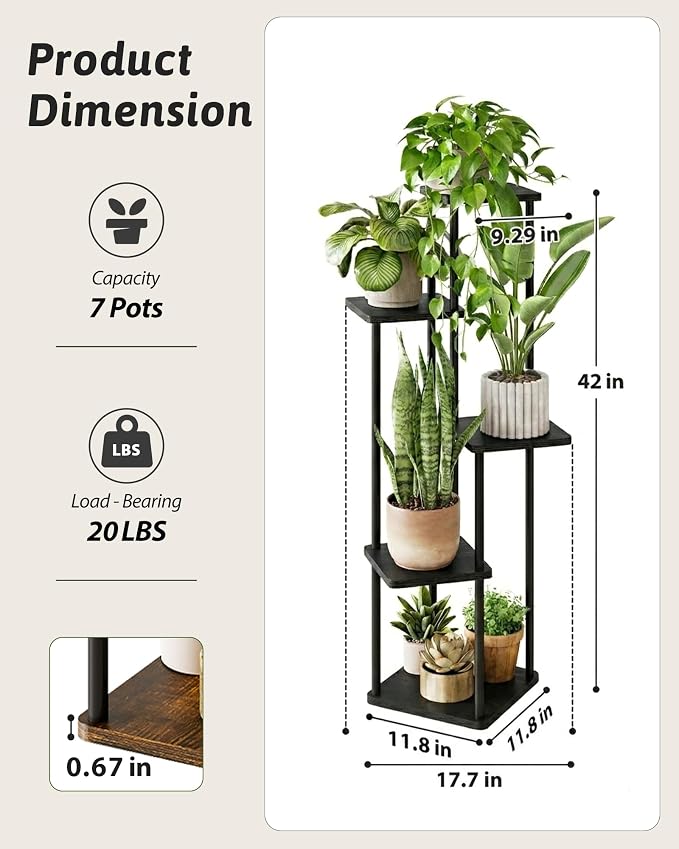 GENTINGBRO Tall Plant Stand Indoor 5 Tiered Plant Shelf for Multiple Plants Coner Shelf Stand Wood Plant Stand Metal Shelving for Living Room Bedroom Balcony Patio Black