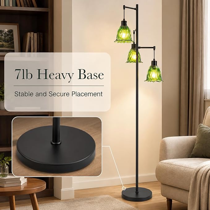 Green Glass Flower Floor Lamp,3 Light Tree Standing Lamp for Living Room Bedroom,Mid Century Modern Tall Floor Lamps Vintage Retro Boho Bohemian Home Office Decor Lamp Shade-Black