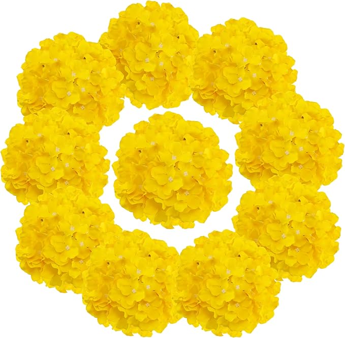 Fake Yellow Hydrangea Artificial Flowers - Faux Silk Hydrangeas Flowers Heads with Stems Real Touch for Home Wedding Party Table Decor(Yellow,Pack of 10)