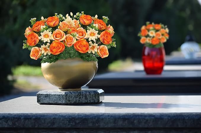 Hollyone Set of 2 Artificial Cemetery Flower for Graves Orange Cemetery Memorial Flowers for Outdoor Grave Decorations Silk Flower Arrangements Rose Ranunculus Gerbera Floral Flowers Bouquets