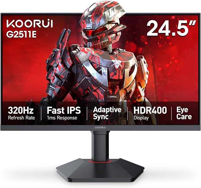 KOORUI 24.5 Inch Gaming Monitor, 1ms, 320Hz Monitor, HDR400, 95% DCI-P3, IPS Display, Adaptive Sync Compatible, Tilt Vertical Height Adjustable, VESA Mount 75x75mm, HDMI & DisplayPor, G2511E