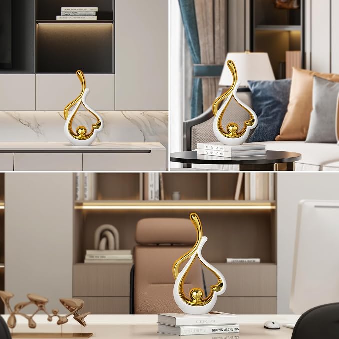 Gold Statue Decor for Living Room, Abstract Sculptures Home Decor, Modern Table Ceramic Decor, Heart Shape Table Centerpieces for Dining Room, White and Gold Decoration for Shelves