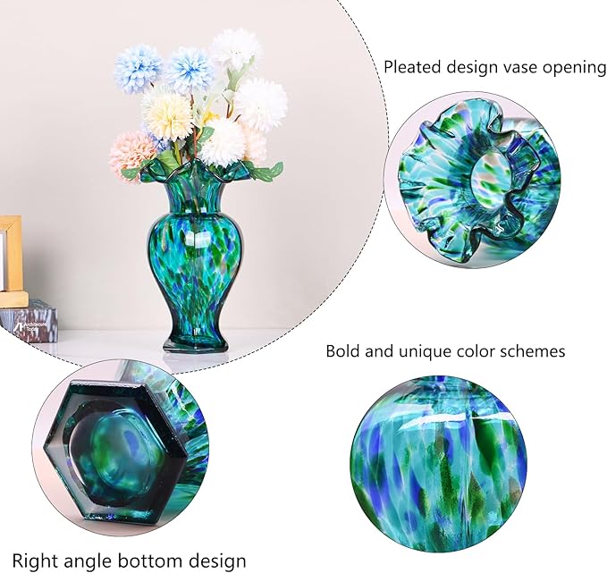 LCCCK 9.5" Tall Teal Blue Glass Vase Beautiful Hand Blown Glass Decor Flowers Vases for Centerpieces, Modern Murano Glassde Art Teal Vase, for Home Decor Table Entryway Wedding Decoration