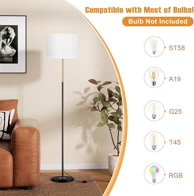 Ambimall 60'' Modern Floor Lamp with Shade, Tall Lamps for Living Room, Bedroom, Office, Dining Room, Gold & Black Lamp Pole(Without Bulb)