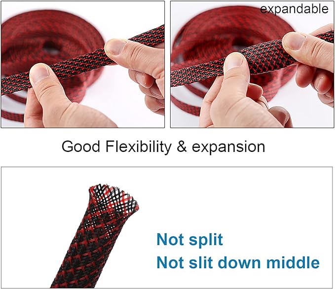 100ft - 1/4 inch PET Expandable Braided Sleeving – BlackRed – Alex Tech Braided Cable Sleeve