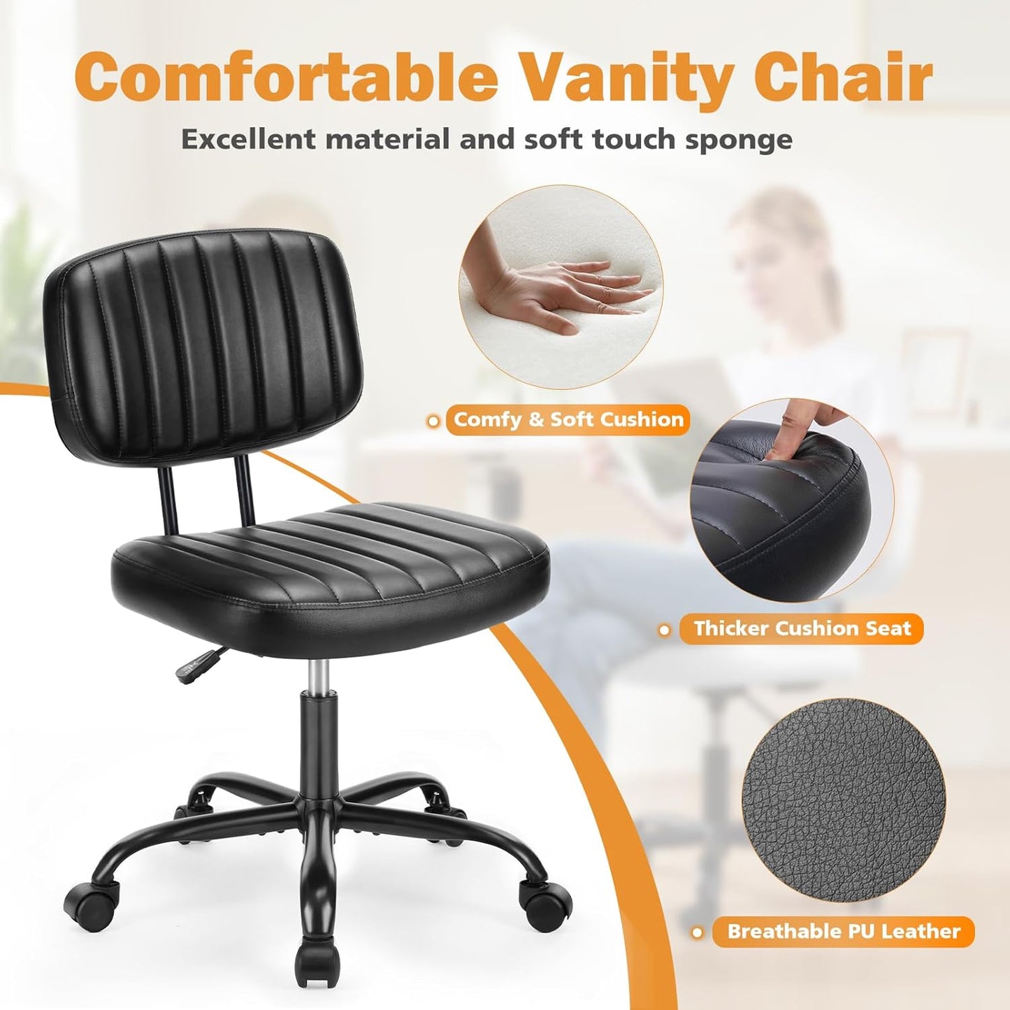 Sweetcrispy Small Office Desk Chair - Armless PU Leather with Comfy Lumbar Support | Height Adjustable, Black