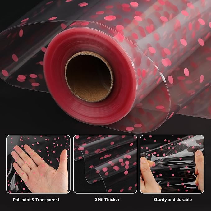 Motroce Clear Cellophane Wrap Roll, 100 Ft x 34 In Pink Dot Florist Paper Wrapper, Transparent 3Mil Thicker Cellophane Roll, Gift Baskets Wrap Cellophane Film for Gifts, Flowers, Christmas Wrapping