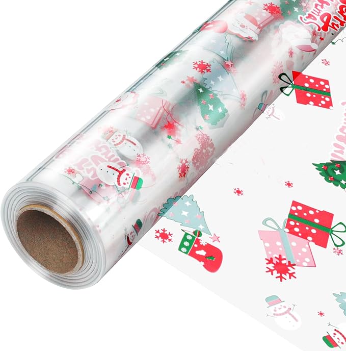 JOYIT 35 in x 50 ft Christmas Cellophane Wrap Roll - 3 Mil Thick Transparent Merry Christmas Cellophane Wrapping Paper, Colored Cellophane Wrap for Gift Flower Basket Decoration