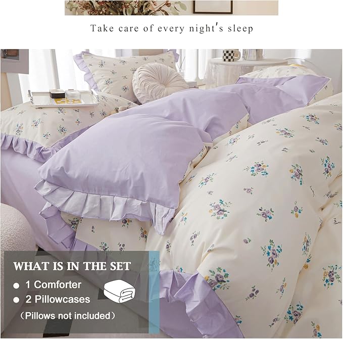VM VOUGEMARKET Ruffle Comforter Set Queen, Purple Flower Bedding Set,3 Pieces Shabby Chic Coquette Cottagecore Aesthetic Lace Comforter with 2 Pillow Shams,Queen Size
