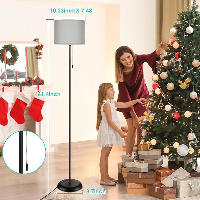 FOLKSMATE Floor Lamp for Living Room, Modern LED Simple Standing Lamp, Minimalist Tall Light for Bedroom, Office, Kids Room, Reading, Black Pole With Grey Shade, Without Bulb