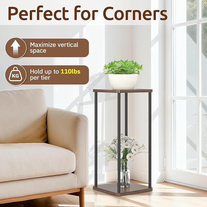 Oppro 2 Tier Plant Stand Indoor, 28In Tall Corner Vertical Wood Metal Square Shelf, Modern Black Large Planter Table Heavy Duty Flower Pot Holder Rack for Narrow House Living Room Floor Orchid, Oak