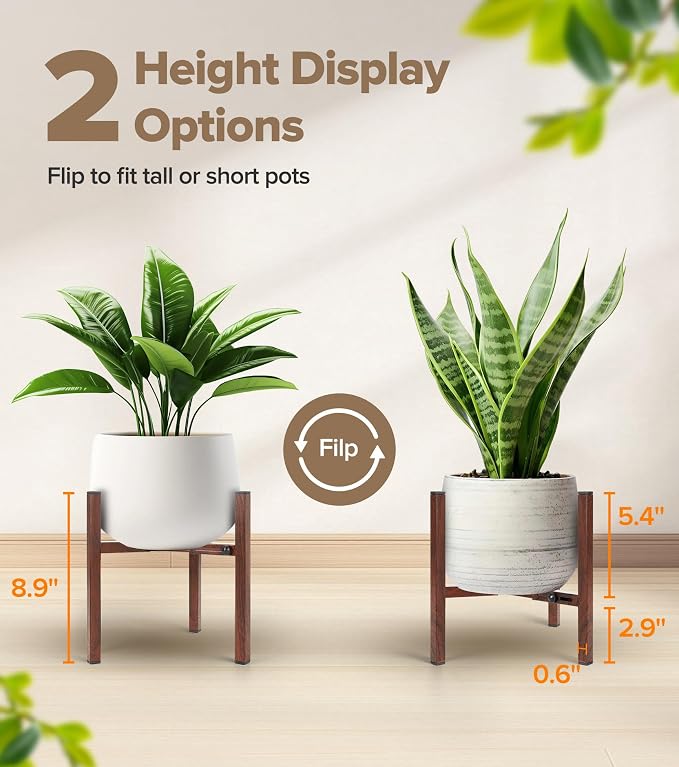 Plant Stand Indoor Adjustable, Metal Modern Indoor Plant Stand, Heavy Duty Plant Stands Outdoor Corner, Stable Plant Holder, Fits 8 to 12 Inches Pots, Black, 1 Pack, Walnut Wood-Grain