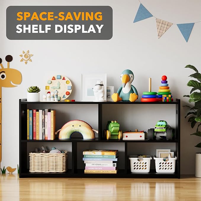 SpaceAid 5-Compartment Bookshelf, Montessori Bookcase for Toddlers, Wooden Book Shelf Organizer Storage Furniture for Kids Rooms, Playroom, Nursery and Classroom, 44.5“ Wide, Black