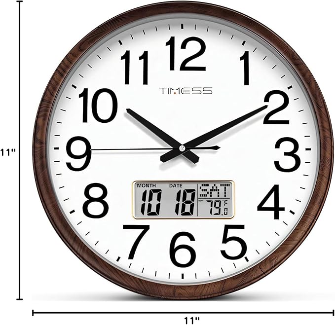 TIMESS Wall Clock, Classic Wood Style Finish, 11 Inch Non-Ticking Silent Battery Operated Quartz Analog with Perpetual Calendar and F° Temperature Display, Home, Office Décor (Wood Brown)