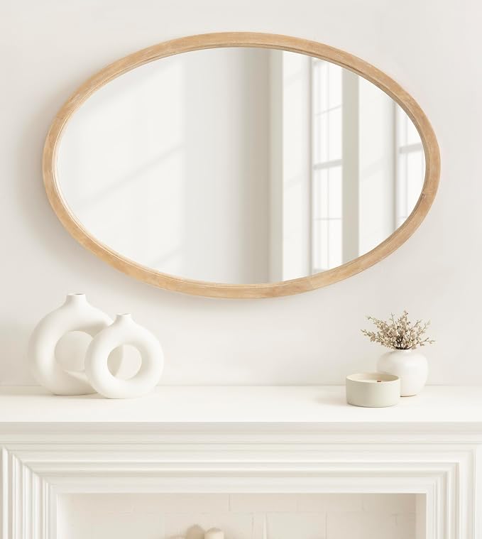 Kate and Laurel Hogan Modern Wooden Oval Wall Mirror; 24 x 36; Natural Wood; Transitional Rounded Mirror for Use as Bathroom Mirror or Entryway Mirror Decor