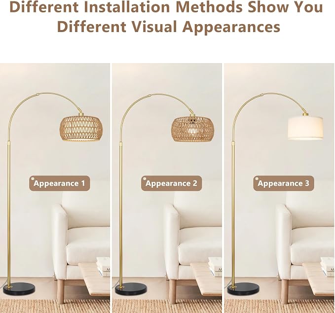 Gold Floor Lamps for Living Room, Arc Floor Lamp with Remote & Dimmable Bulb, Boho Rattan Standing lamp with 3 Color Temperatures, Height Adjustable Tall Lamp for Bedroom, Over Couch Reading Lamp