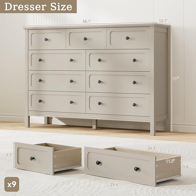 Dresser for Bedoom, Modern Chest of Drawers, Wood 8 Drawer Dresser with Metal Handles, Storage Organizer Wide Dressers for Living Room, Hallway, Entryway, Beige
