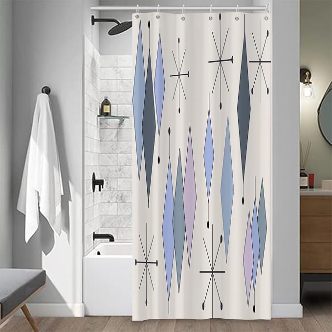 Mid Century Turquoise Shower Curtain Abstract Grey Blue Diamond Geometric Atomic Starburst Pattern Beige Backdrop for 1950s Retro Bathroom Decor Shower Curtain Set with 12 Hooks, 36x72 Inches