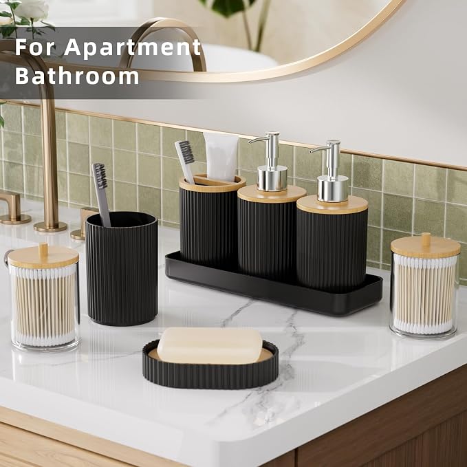 10PC Bathroom Accessories Set - Black and Wooden Bathroom Sets, Bathroom Accessory Set with Pop Up Trash Can, Toilet Brush, Trash Can, Qtip Holder & Soap Dispenser