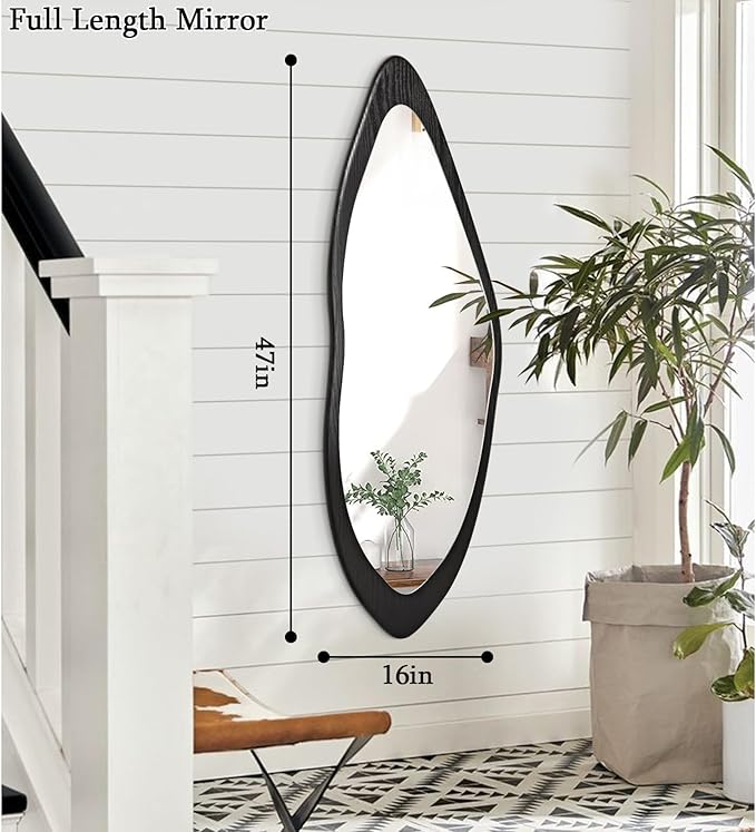 AAZZKANG Irregular Wall Mirror Full Length Large with Wood Framed 47"x16" Black Asymmetrical Full Body Mirrors for Bedroom Living Room Entryway