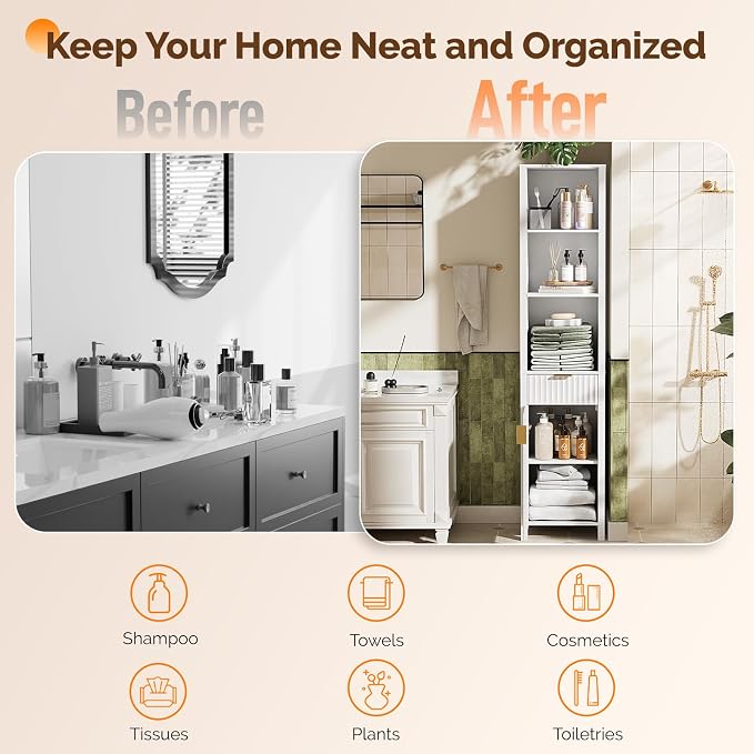 VINGLI 68" Tall Narrow Bathroom Storage Cabinet, Slim Freestanding Floor Cabinet with Fluted Door & Drawer, 12 Inch Deep Skinny Wood Organizer for Small Spaces, Kitchen & Living Room, White