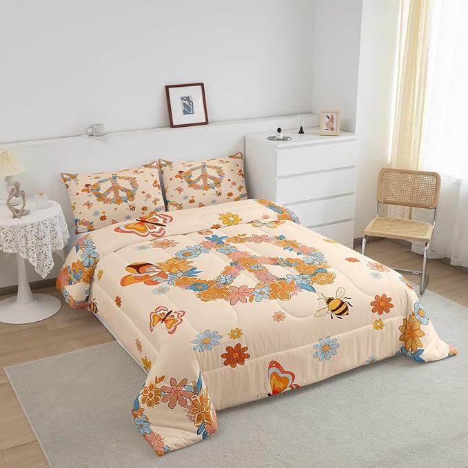 Retro 70s 60s Hippie Comforter Set Full Size,Groovy Flowers Butterfly Honeybee Bedding Comforters Room Decor,Floral Peace Symbol Quilt Set with 2 Pillowcases,Teens Present