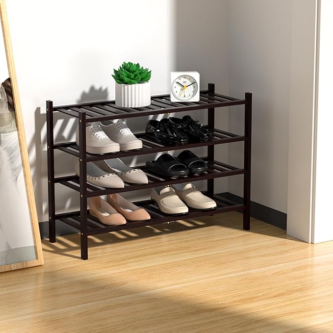 RONGJlA 4 Tier Bamboo Shoe Rack for Closet Free Standing Wood Shoe Shelf Storage Organizer for Entryway Small Space Stackable, Brown