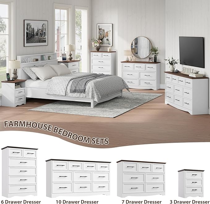 White Dresser for Bedroom, Modern 7 Chest of Drawers, 47" Wide Chest of Drawers w/Brushed Metal Handle, Wood Closet Organizers and Storage Cabinet for Bedroom, Living Room, Hallway