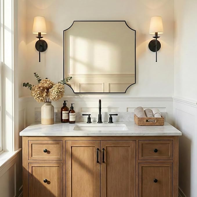 ANDY STAR 30"x30" Square Bathroom Mirror, Matte Black Vanity Mirror, Modern Scalloped Bathroom Mirror in Premium Stainless Steel Frame, Unique Scalloped Corner Design Ideal for Bathroom Remodel