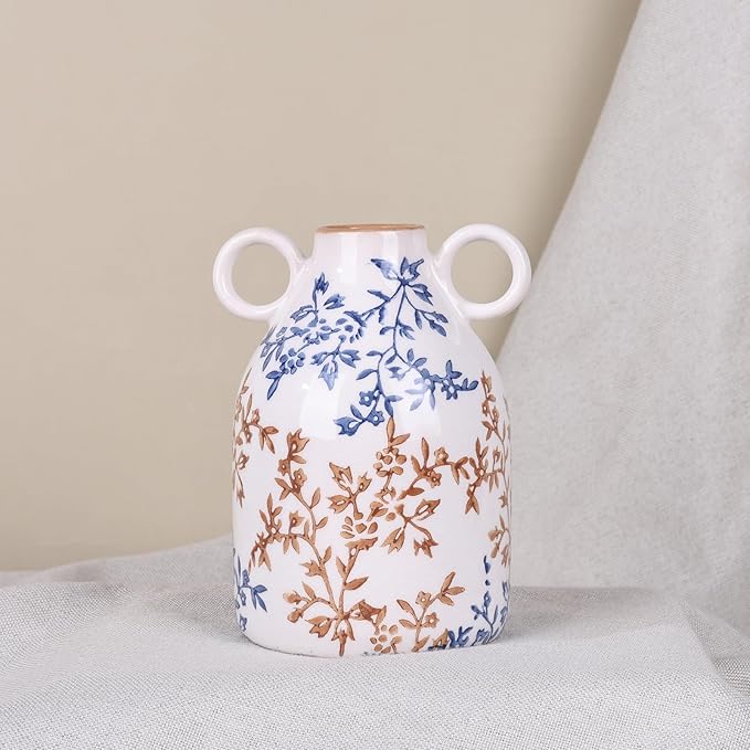 Rustic Blue Ceramic Vase with Handle, Nordic Boho Small Vases Side Table Flower Centerpiece, Wide Mouth Single Flower Vase Pampas Grass Decorative - for Home Window Sill Living Dining Room Kitchen