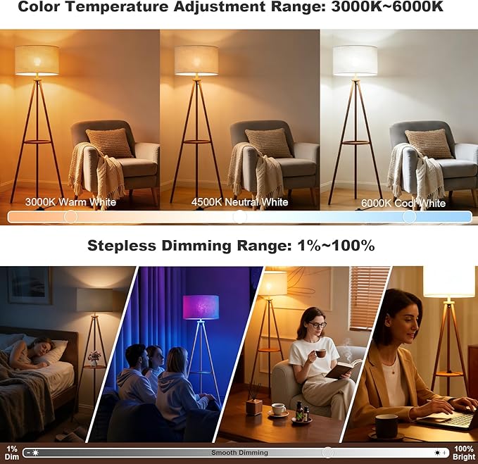 58.3" Mid-Century Tripod Floor Lamp with Shelf, Hidden Wiring, RGB Dimmable Bulb Included, Remote & App Control, Iron Corner Standing Lamp with Linen Shade for Living Room Bedroom