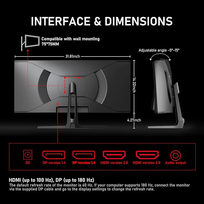 Gawfolk 34 Inch Ultrawide Curved 180Hz Gaming Computer Monitor,1500R PC Screen 21:9 UWQHD (3440x1440),120% sRGB,Adaptive Sync,178° Viewing Angle,Display Port、HDMI,Compatible with Wall mounting -Black
