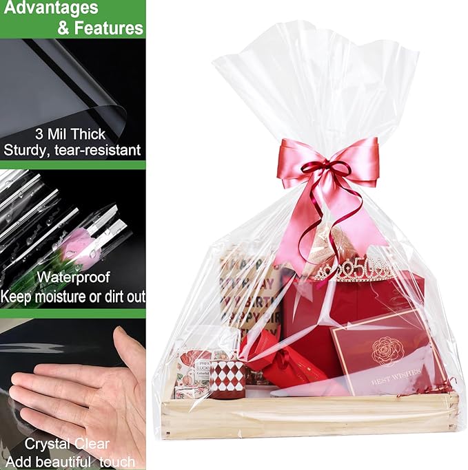 SYOGUA 10 Pack Extra Large Cellophane Bags, 40 x 55 inch, 3 Mil Thicker Clear Gift Bags for Baskets Wrapping Plastic, Jumbo Huge Clear Cellophane Wrap Gift Basket Bag