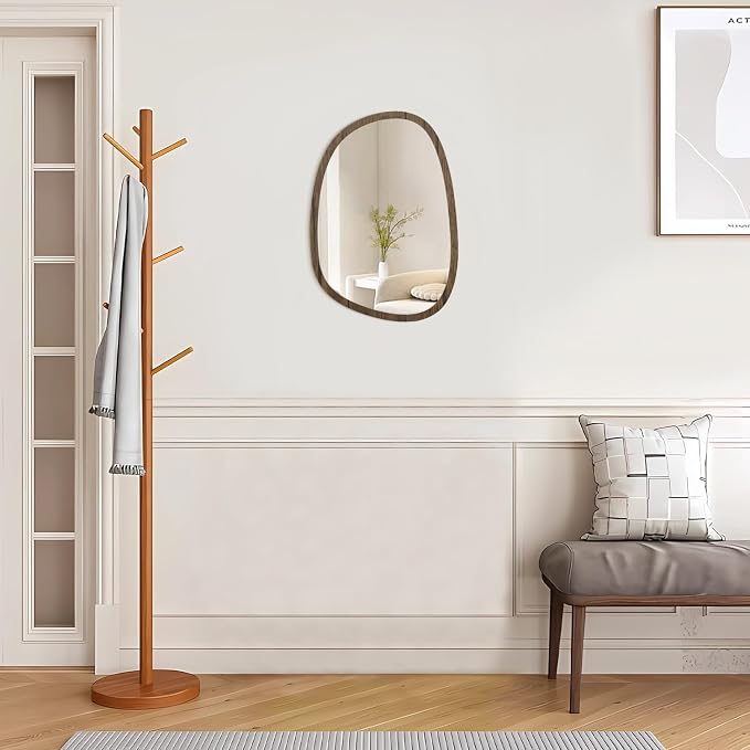 Asymmetrical Oval Mirror for Wall Irregular Wood Frame Modern Mirror Unique Decorative Wall Mirror Vanity Bathroom Living Room Bedroom Entryway Hallway Artistic Mirror Small 14"x10"