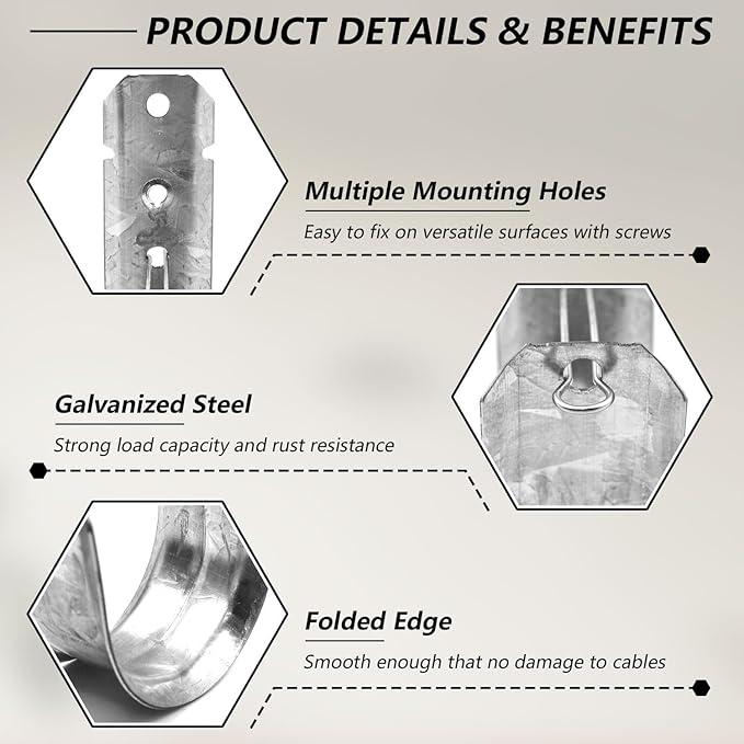 Itvexeme 50 Pack 2-Inch Large Cable Support J Hooks with Retainer Clips, Galvanized Steel J-Hook Wire Hangers for Cables, Wires, Cords Management and Organization