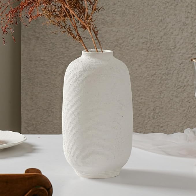 White & Tall Ceramic Flower Vase, 10.8 Inch Textured Vase, Rustic Farmhouse Decorative Floral Pottery for Home Decor Table Living Room Entryway Mantel Bedroom Bathroom Kitchen