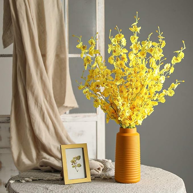 Kisflower 12Pcs Yellow Artificial Orchids Flowers, Dried Silk Orchids, Fake Orchids Flowers Silk Faux Dancing Orchids Bouquet for DIY Indoor Outdoor Wedding Party Home Kitchen Office Decoration