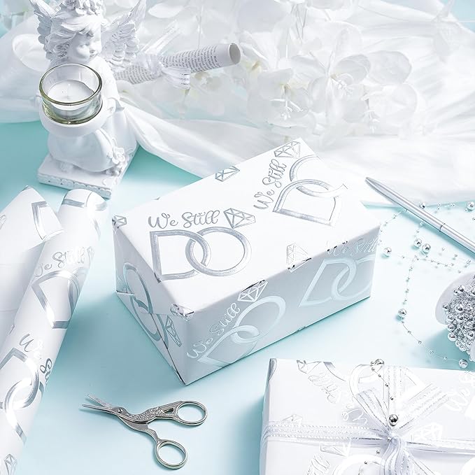 RUSPEPA Anniversary Wrapping Paper Roll, Mini Roll, Silver Foil We Still Do Design with Wedding Ring, Elegant Gift Wrap for Wedding, Anniversary, Engagement, Bridal Shower, 17 Inches x 16.4 Feet