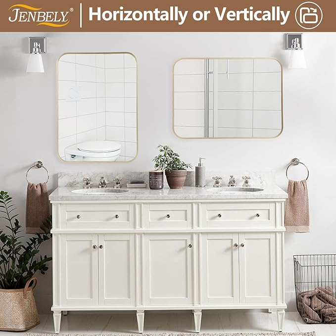 Gold Mirror, 24x32 Inch Framed Rectangle Mirror with Rounded Corner, Brushed Brass Mirror, Gold Bathroom Mirror for Over Sink, Vanity, Living Room, Bedroom, Horizontal/Vertical