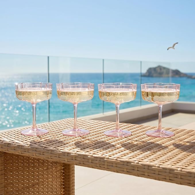 Flower Scalloped Vintage Wavy Petals Wave Glass Coupes 7oz Colorful Martini, Champagne & Cocktails, 4 Set Pink Rippled Champagne Glasses, Elegant Bar Glassware, Unique Aesthetic Coupe Glassware Gifts
