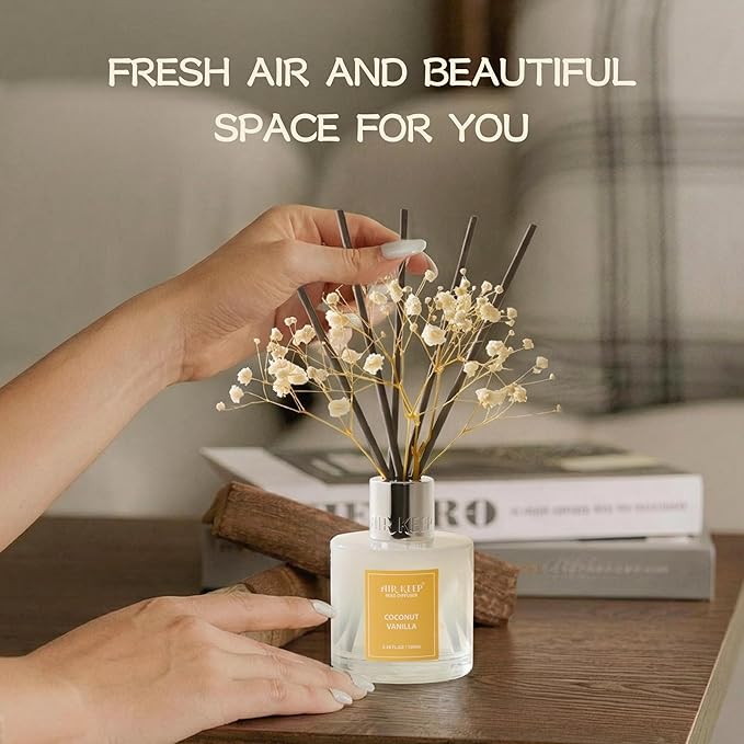 Airkeep Reed Diffuser Set,3.38 fl oz (100 ml) - Coconut Vanilla Oil Diffusers with 8 Reed Sticks, Home Fragrance Reed Diffuser for Bathroom Shelf Decor