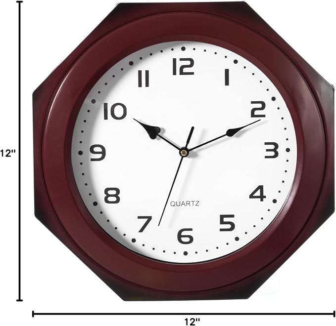 Clockswise Quickway Imports Brown Modern Decorative Octagon Shaped Wood- Looking Plastic Wall Clock for Living Room, Kitchen, or Dining Room